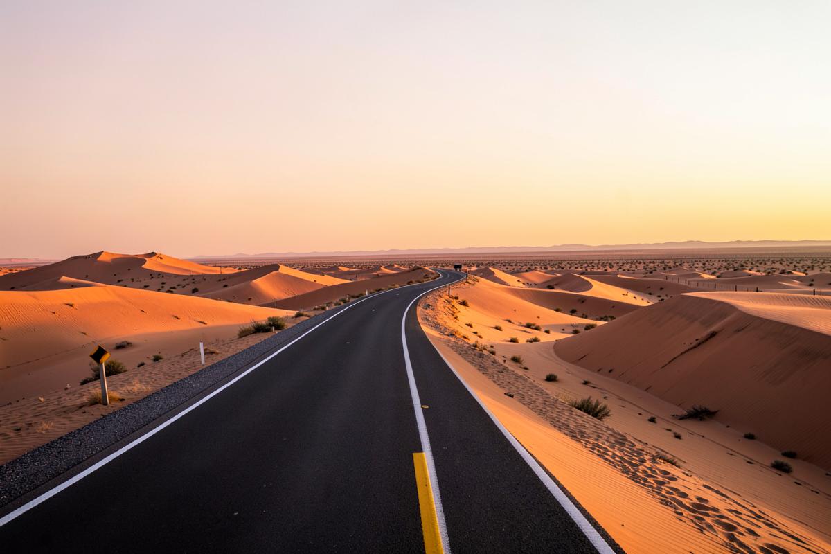 طريق صحراوي عند الشروق.